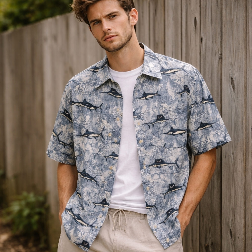 Vintage Ivy Crew Fisherman Print Button Up Shirt Men’s M Blue Dadcore